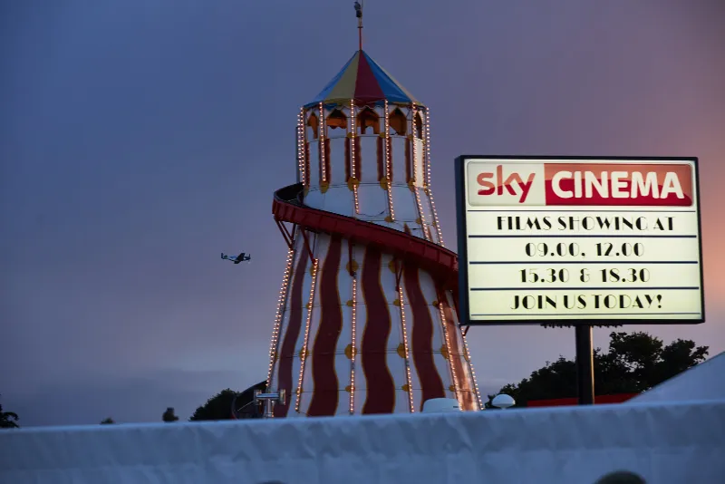The Sky Cinema helter-skelter and film board at the Goodwood Revival